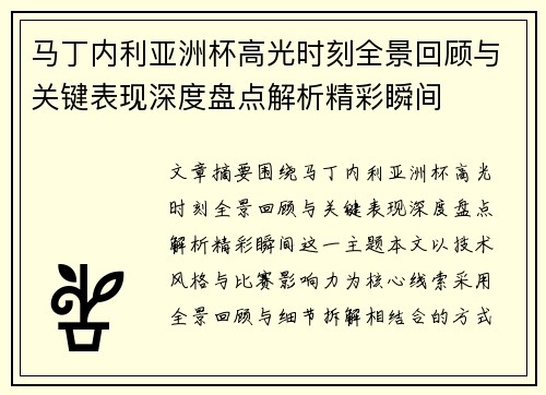 马丁内利亚洲杯高光时刻全景回顾与关键表现深度盘点解析精彩瞬间