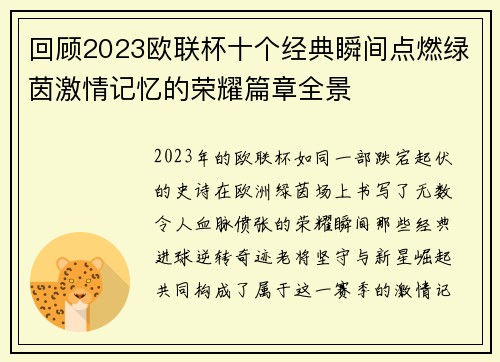 回顾2023欧联杯十个经典瞬间点燃绿茵激情记忆的荣耀篇章全景